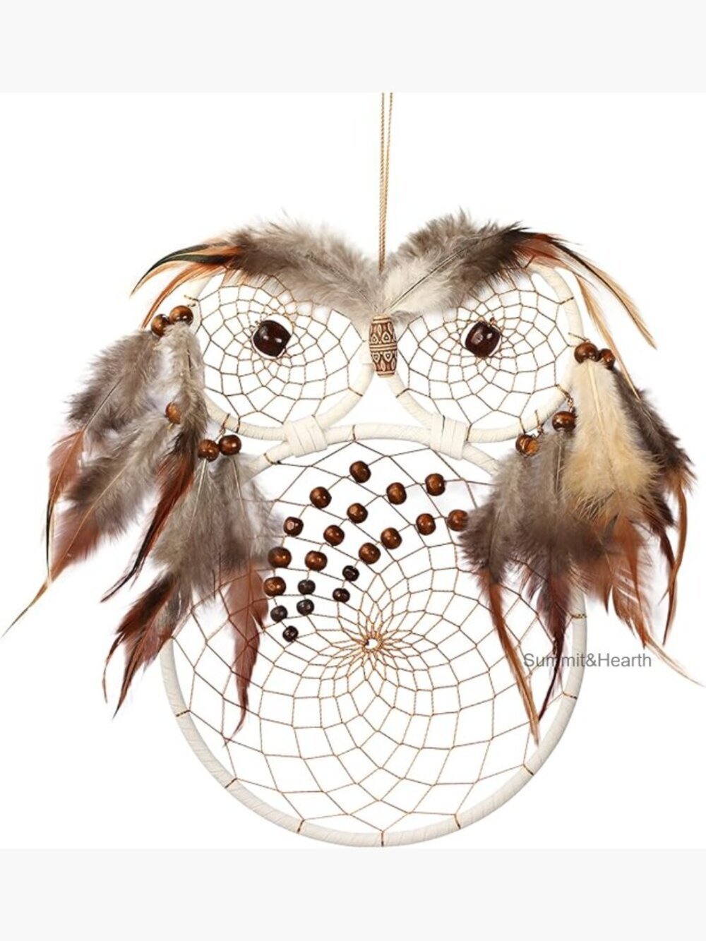 Handmade Owl Dream Catcher Wall Hanging, Wooden Beads & Feathers, 11.8 Inch